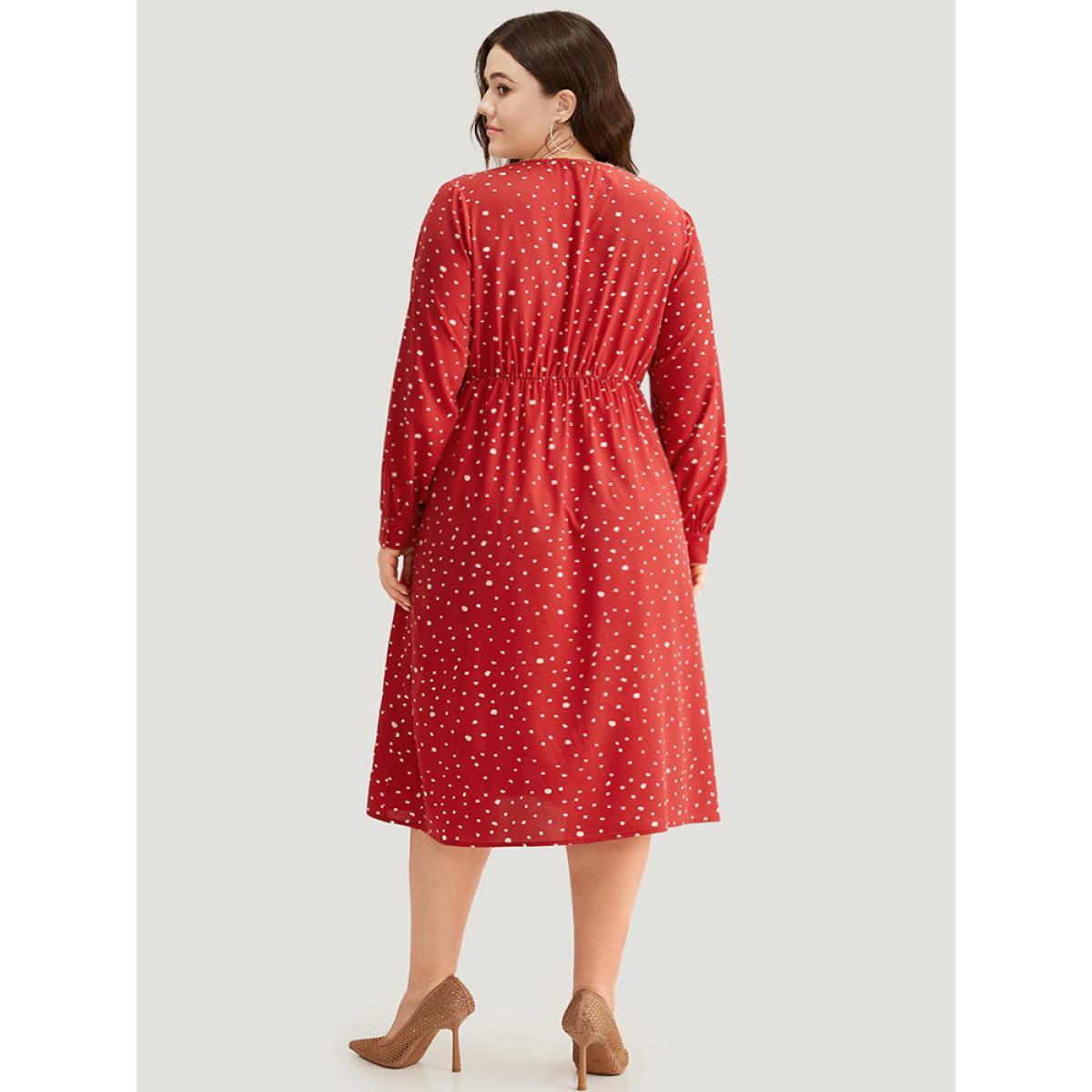 Plus Size Polka Dot Button Detail Pleated Dress Crimson Women Elegant Printed V-neck Long Sleeve Curvy Midi Dress BloomChic 10/M Product Image