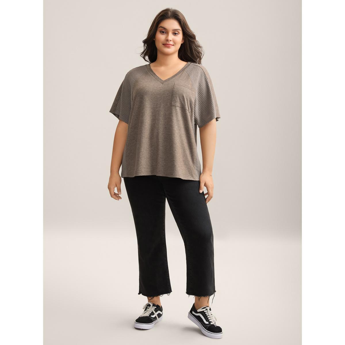 Plus Size Waffle V-Neck Pocket Plain T-Shirt LightBrown Women Texture V-neck Everyday-Casual T-shirts BloomChic 10/M Product Image