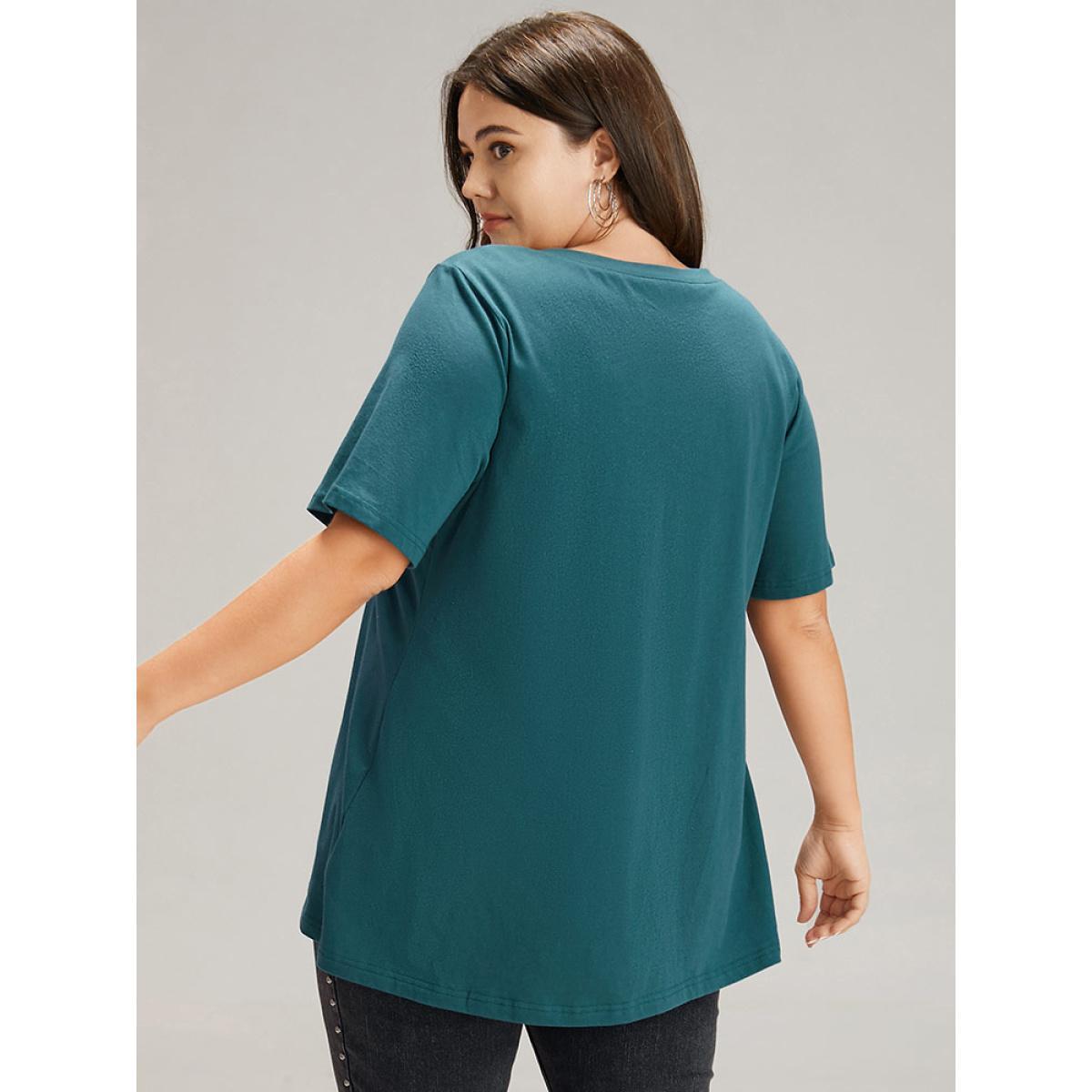 Plus Size Cotton Plain V Neck Basic T-shirt DarkSlateGray Women Casual Plain Plain V-neck Dailywear T-shirts BloomChic 22-24/3X Product Image