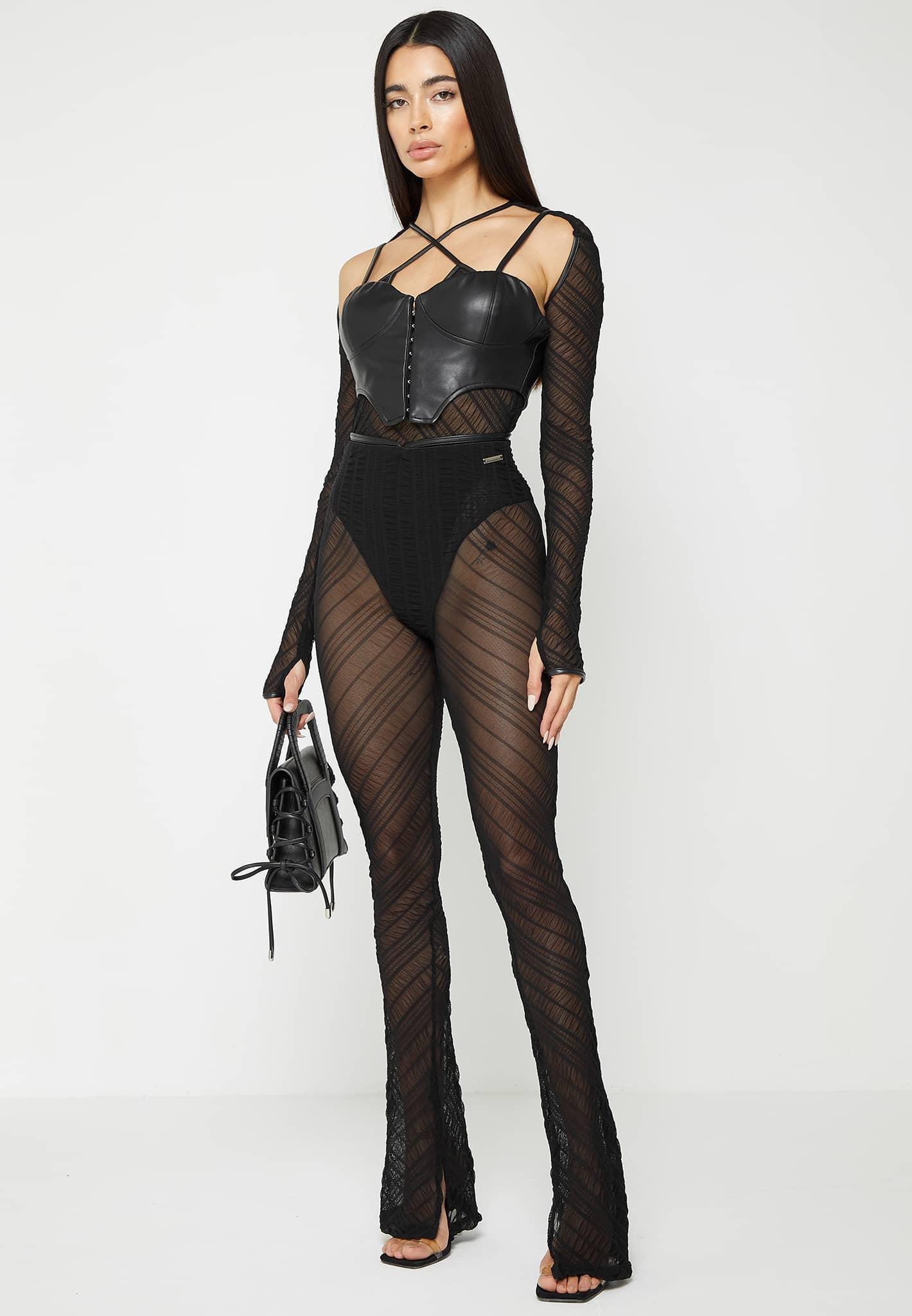 Sheer Trousers with Vegan Leather Ties - Black / Black / WMN3164-01 Product Image