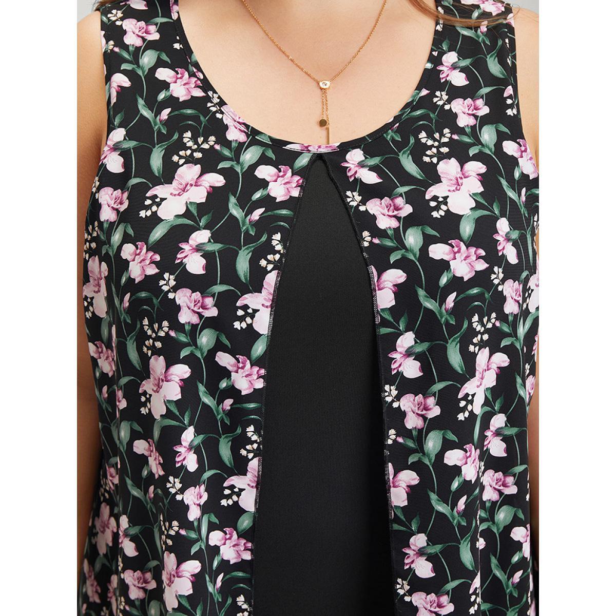 Plus Size Floral Patchwork Round Neck Split Hem Tank Dress BlackFlower Women Elegant Patchwork Round Neck Sleeveless Curvy Knee Dress BloomChic 26/4X Product Image
