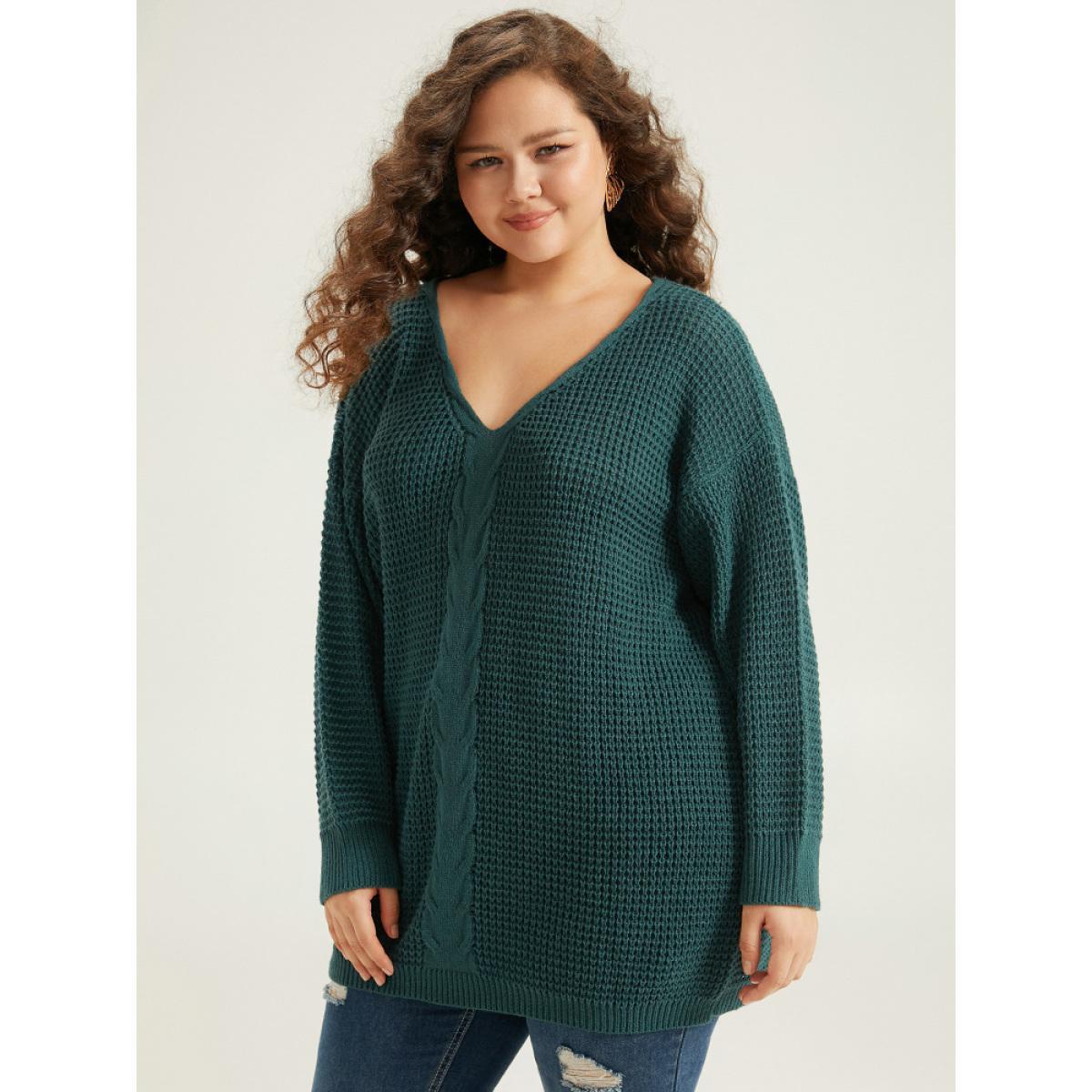 Plus Size Cable Knit Plain Elastic Cuffs Pullover Cyan Women Casual Loose Long Sleeve V-neck Dailywear Pullovers BloomChic 10/M Product Image