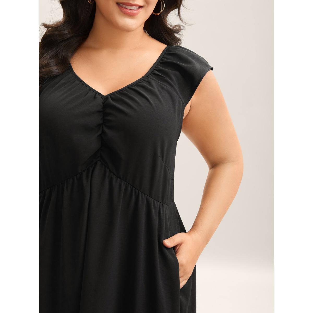 Plus Size Ruched Pleated Plain Flutter Sleeve Maxi Dress Black Women V-neck Sleeveless Curvy BloomChic 22-24/3X Product Image