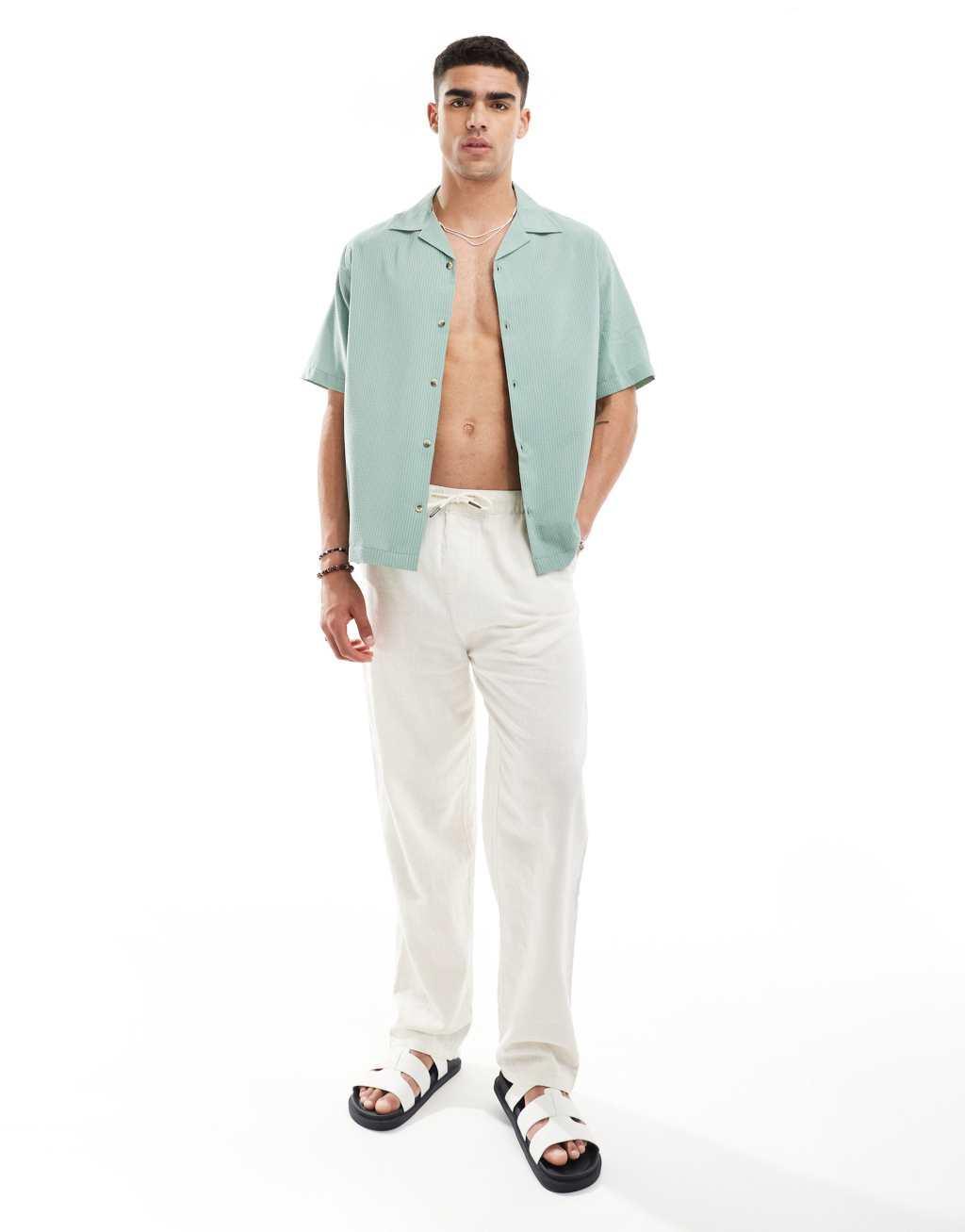 ASOS DESIGN short sleeve relaxed fit camp collar textured shirt in sage green Product Image