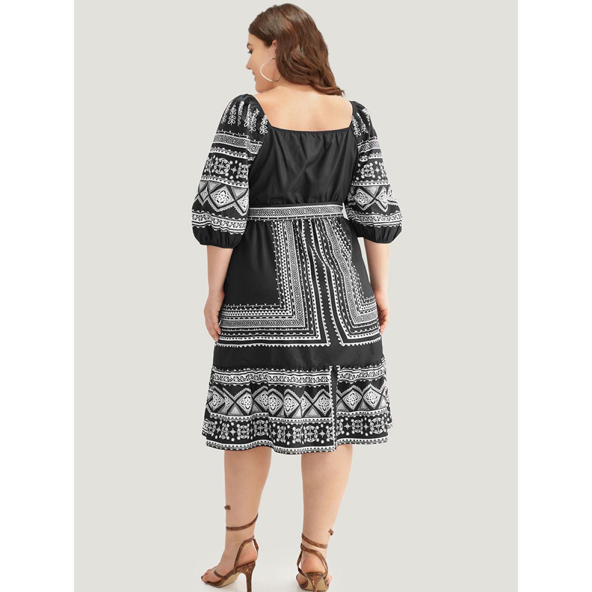 Plus Size Boho Print Square Neck Belted Dress Black Women Vacation Elastic cuffs Square Neck Elbow-length sleeve Curvy Midi Dress BloomChic 18-20/2X Product Image