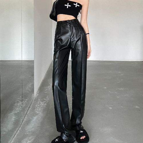 High Rise Faux Leather Straight Leg Pants Product Image