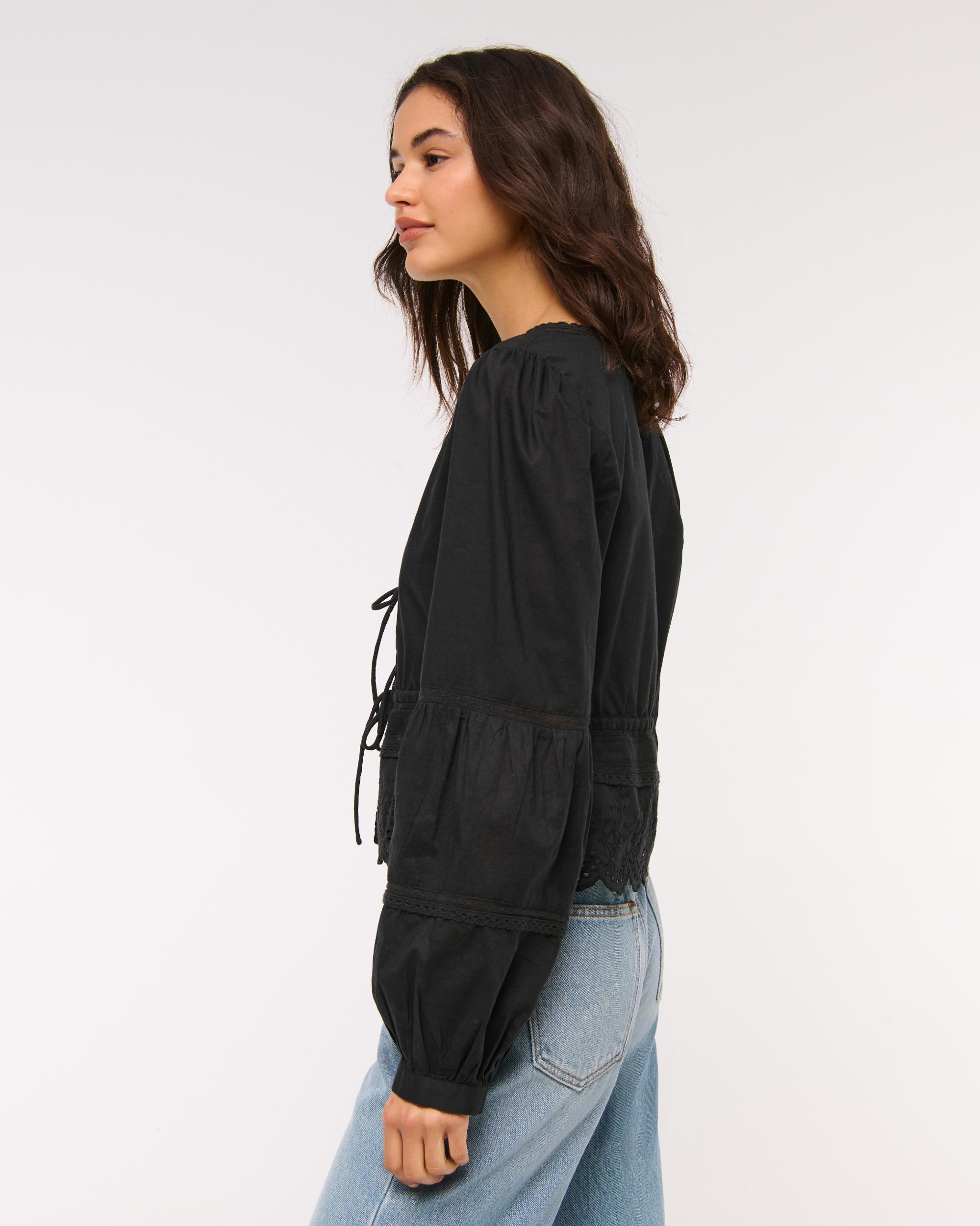 Long-Sleeve Lace Tie-Front Top Product Image