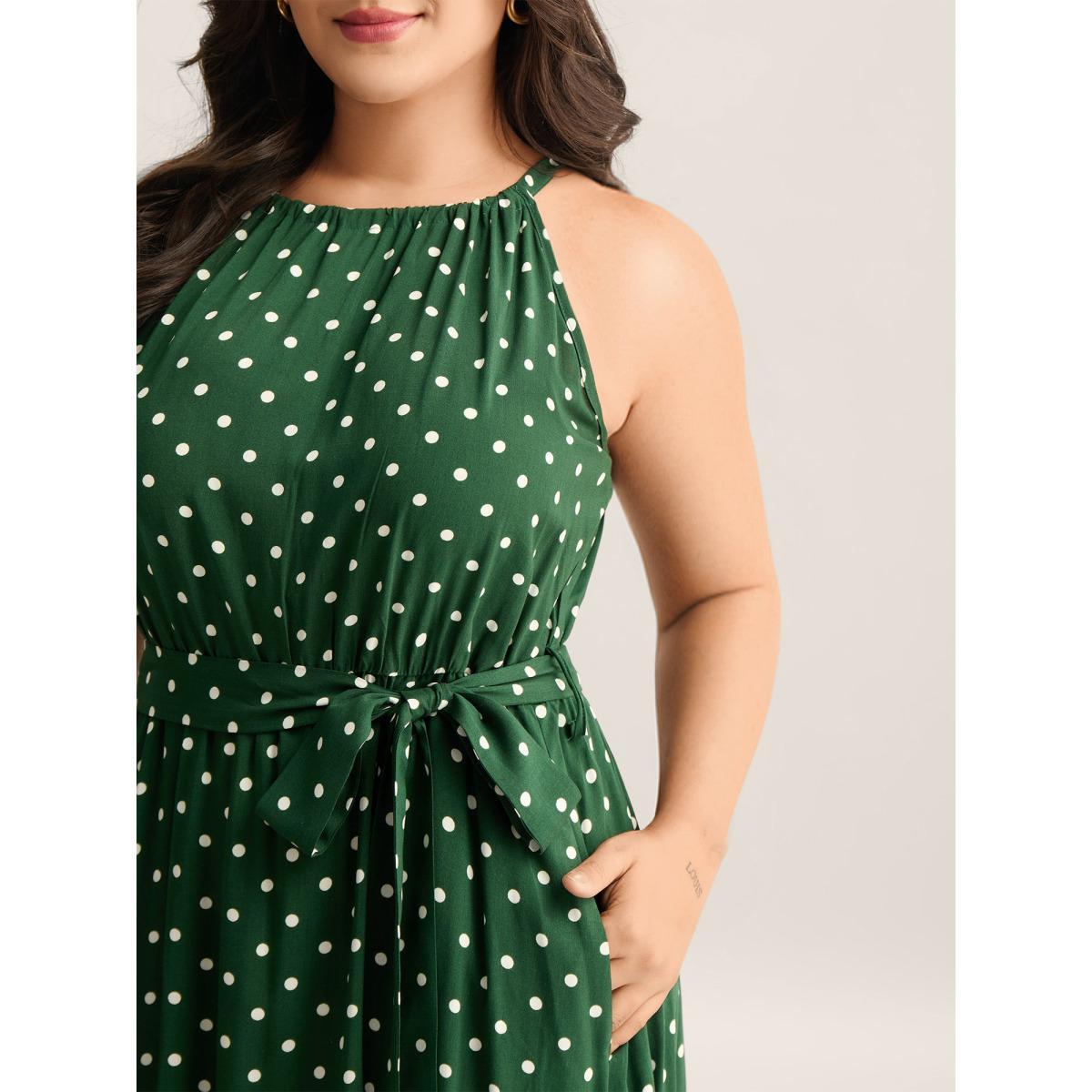 Plus Size Polka Dots Halter Neck Belted Midi Dress Truegreen Women Halter neck Sleeveless Curvy BloomChic 22-24/3X Product Image