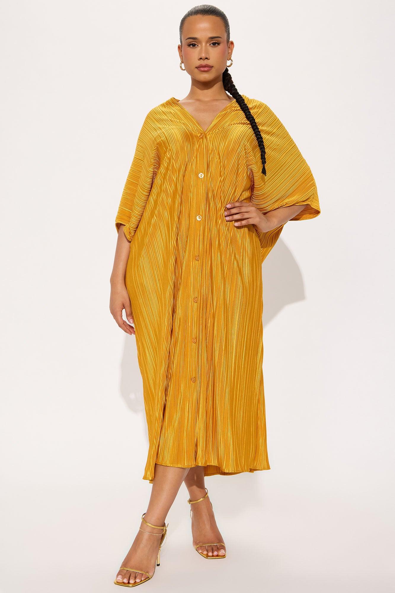 Isa Plisse Maxi Shirt Dress - Mustard Product Image
