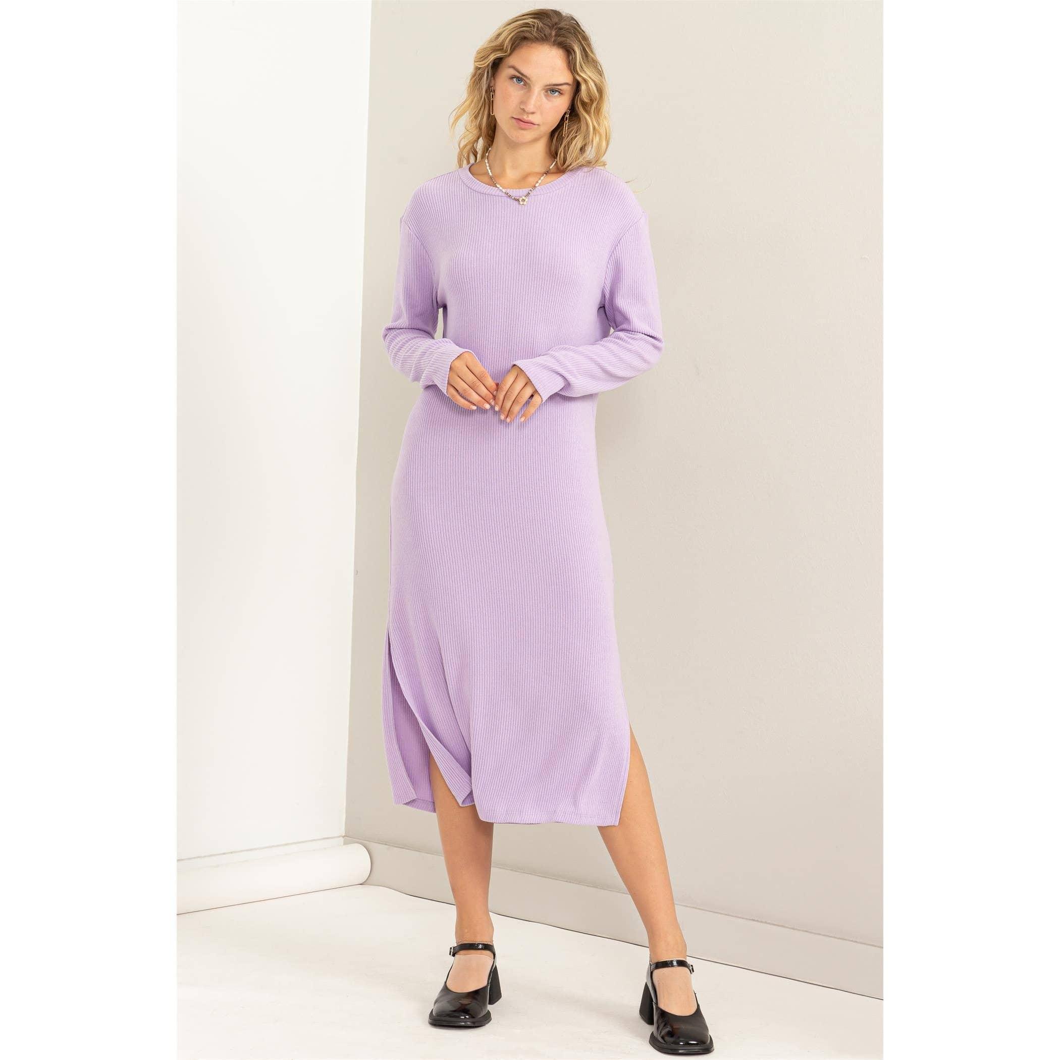 Lavender Ribbed Long Sleeve Midi Dress Product Image