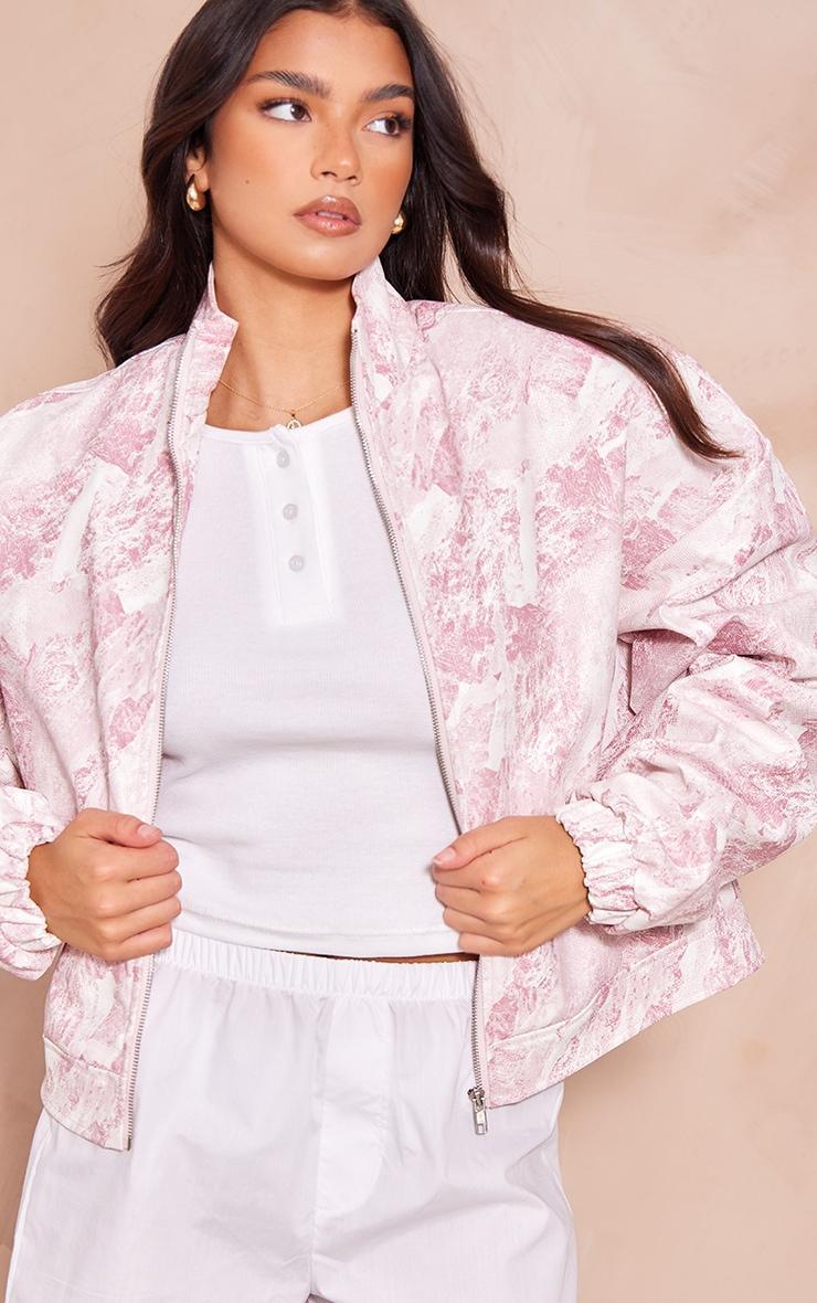 Pink Printed Textured Faux Leather Oversized Bomber Jacket Product Image