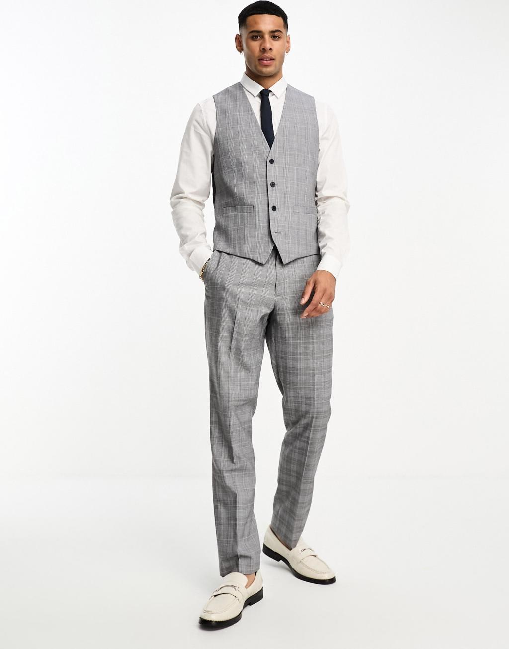 French Connection prince of wales check suit pants in mid gray Product Image