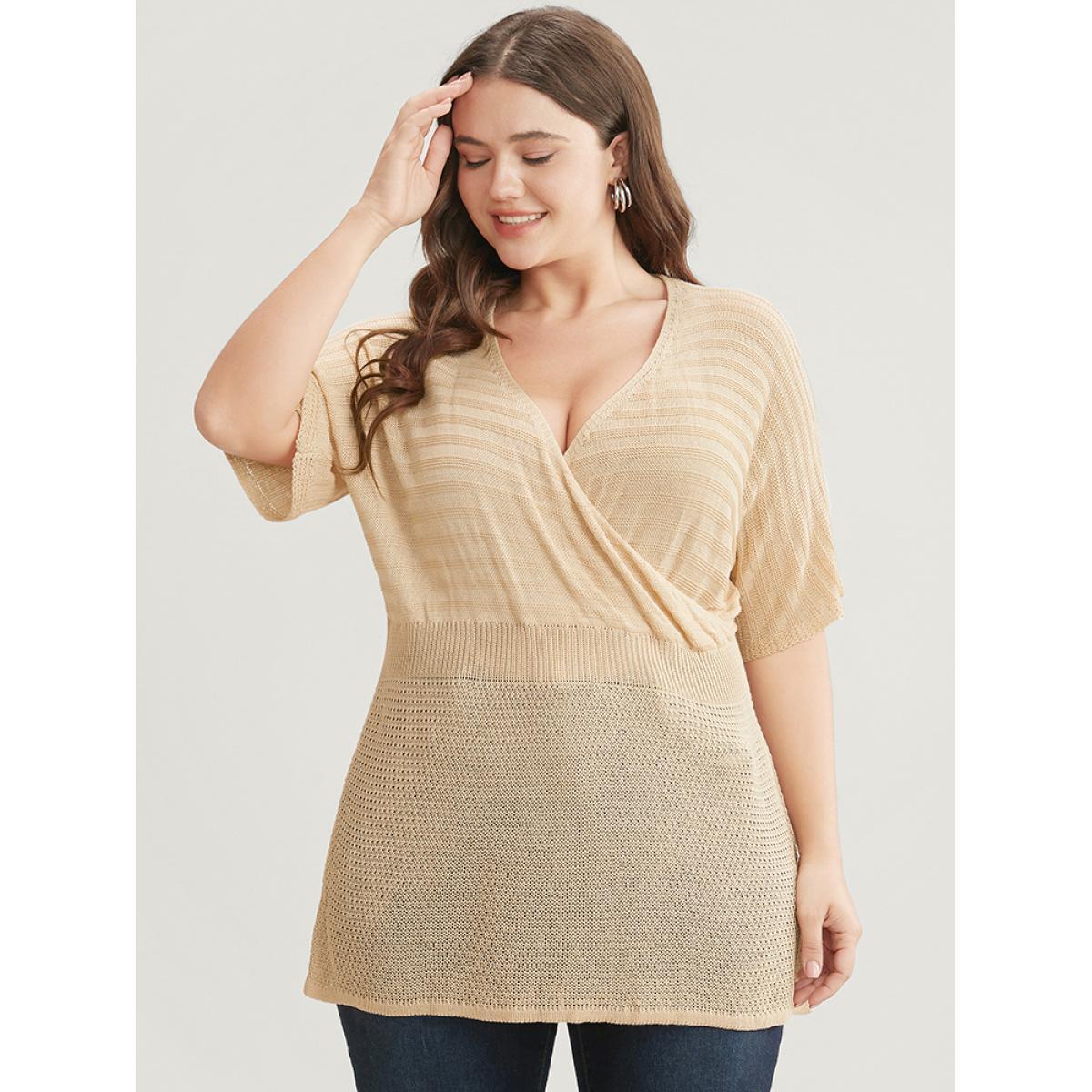 Plus Size Plain Dolman Sleeve Wrap Knit Top Champagne Women Casual Short sleeve V-neck Dailywear Pullovers BloomChic 18-20/2X Product Image
