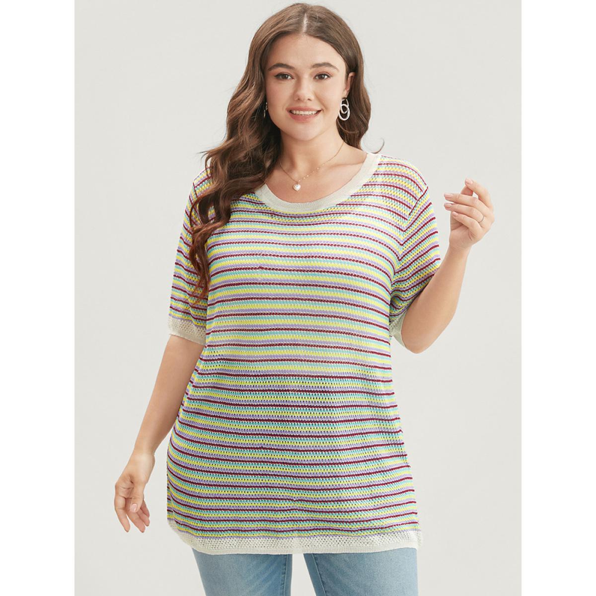 Plus Size Striped Contrast Round Neck Knit Top Multicolor Women Vacation Short sleeve Round Neck Dailywear Pullovers BloomChic 12/L Product Image