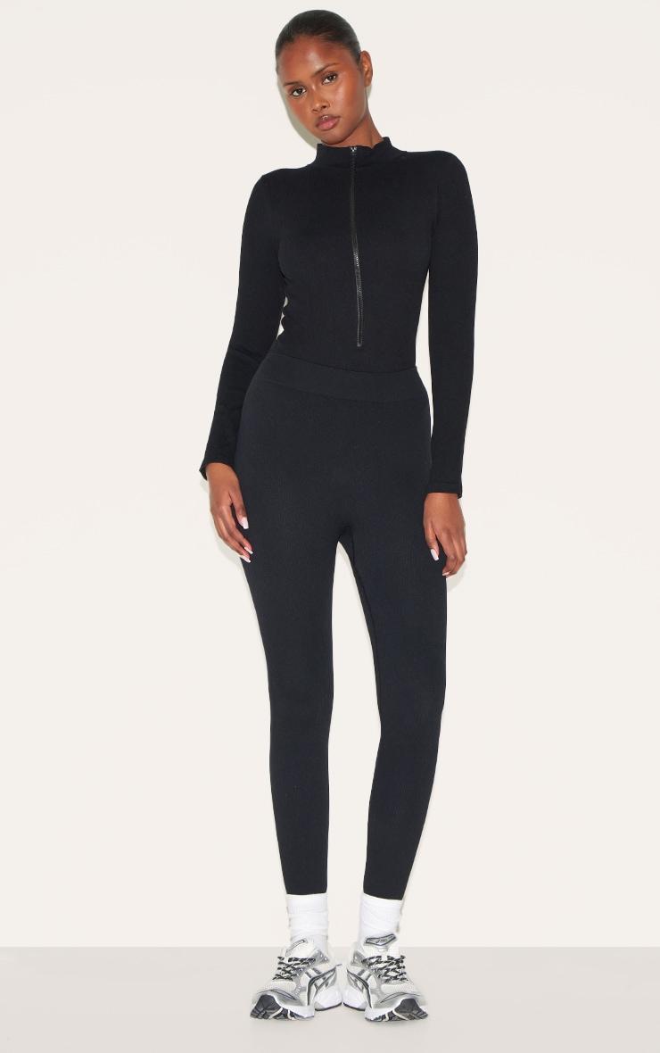 Black Snatched Rib Zip Up Long Sleeve Bodysuit Product Image