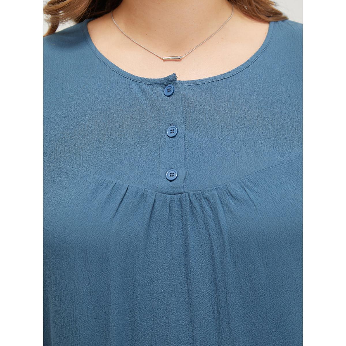 Plus Size Stone Plain Button Up Gathered Lantern Sleeve Blouse Women Elegant Elbow-length sleeve Round Neck Dailywear Blouses BloomChic 18-20/2X Product Image