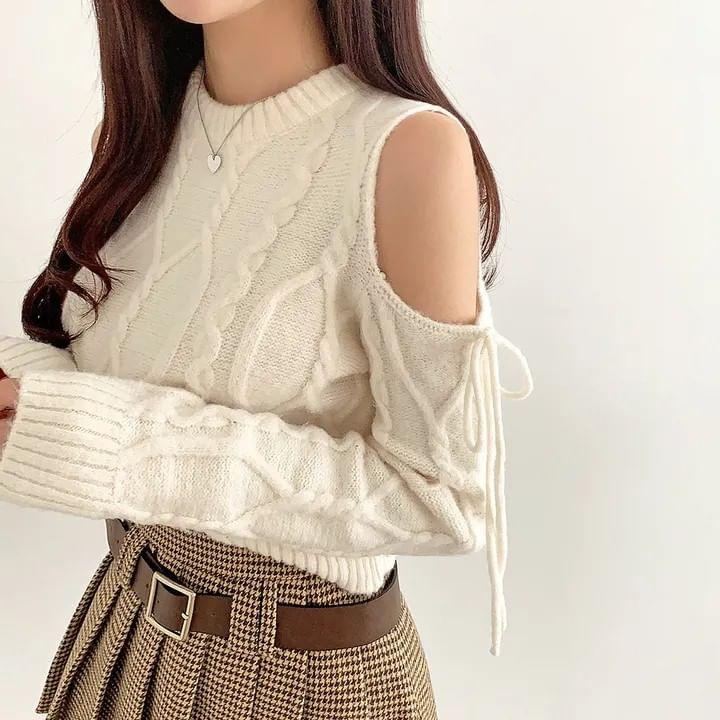 Cold Shoulder Bow Detail Cable Knit Sweater Product Image