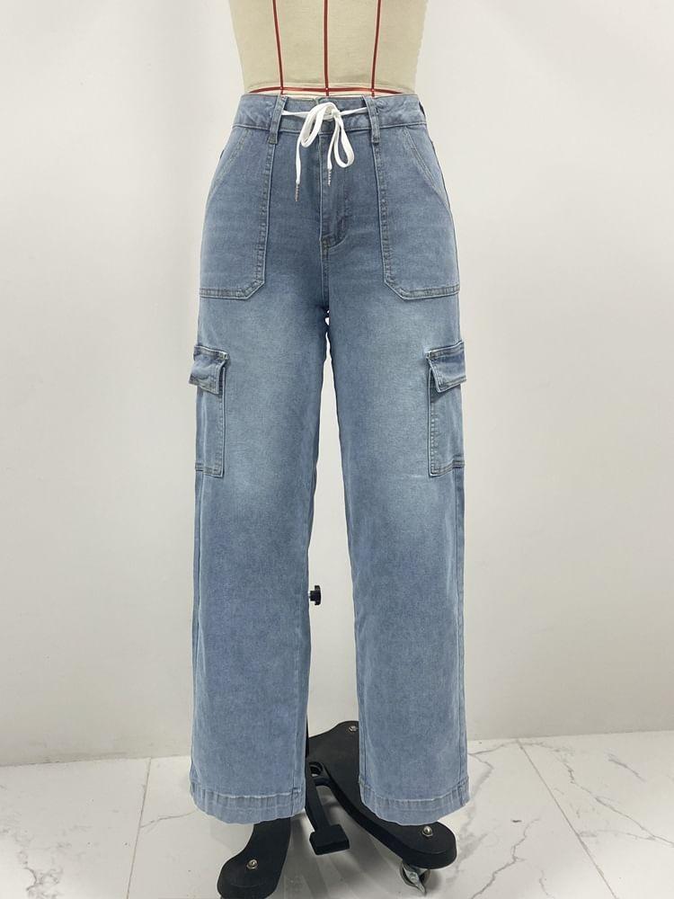 High Waist Loose Straight Leg Cargo Jeans Product Image