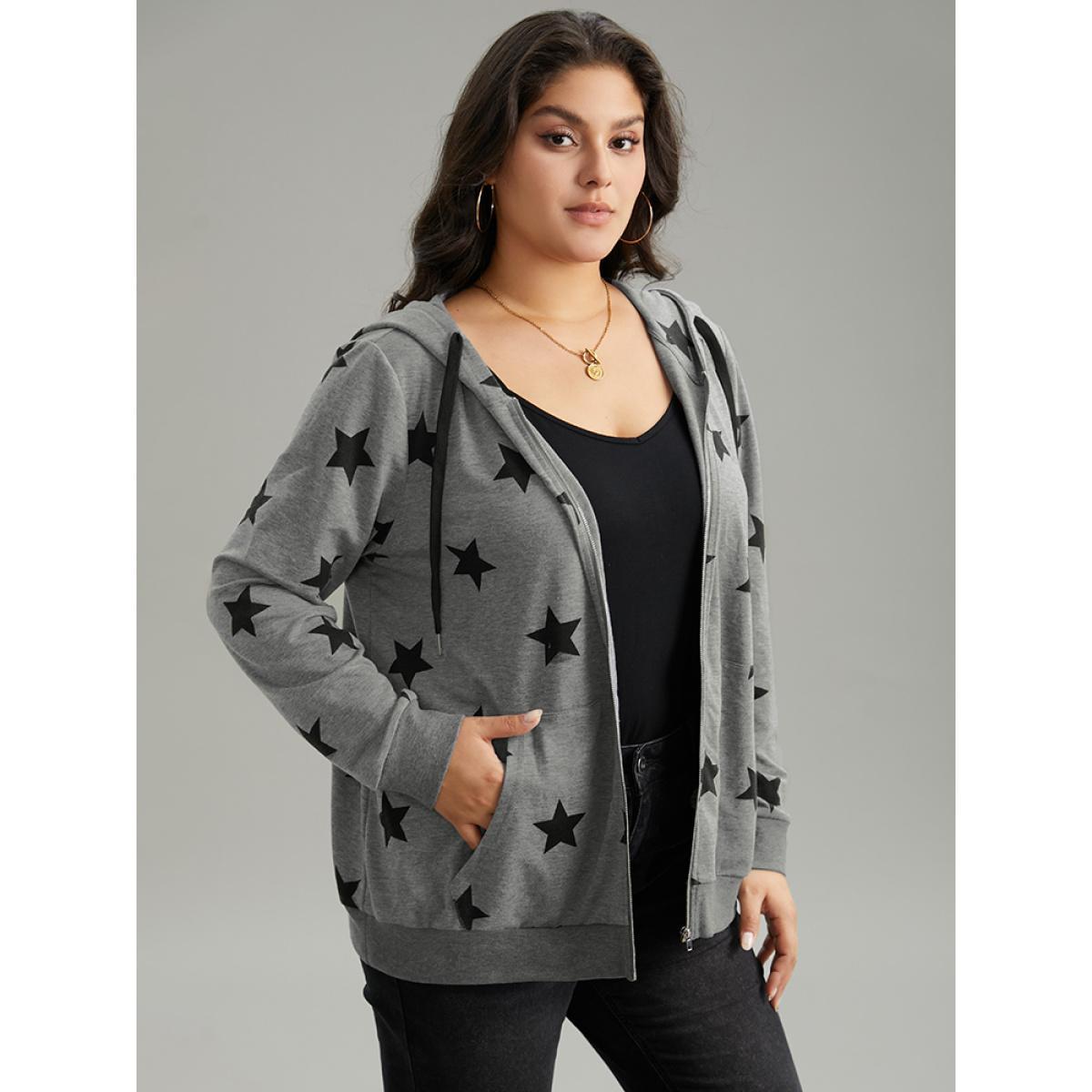 Plus Size Star Print Hooded Ties Pocket Sweatshirt Women Gray Casual Printed Hooded Dailywear Sweatshirts BloomChic 28/5X Product Image