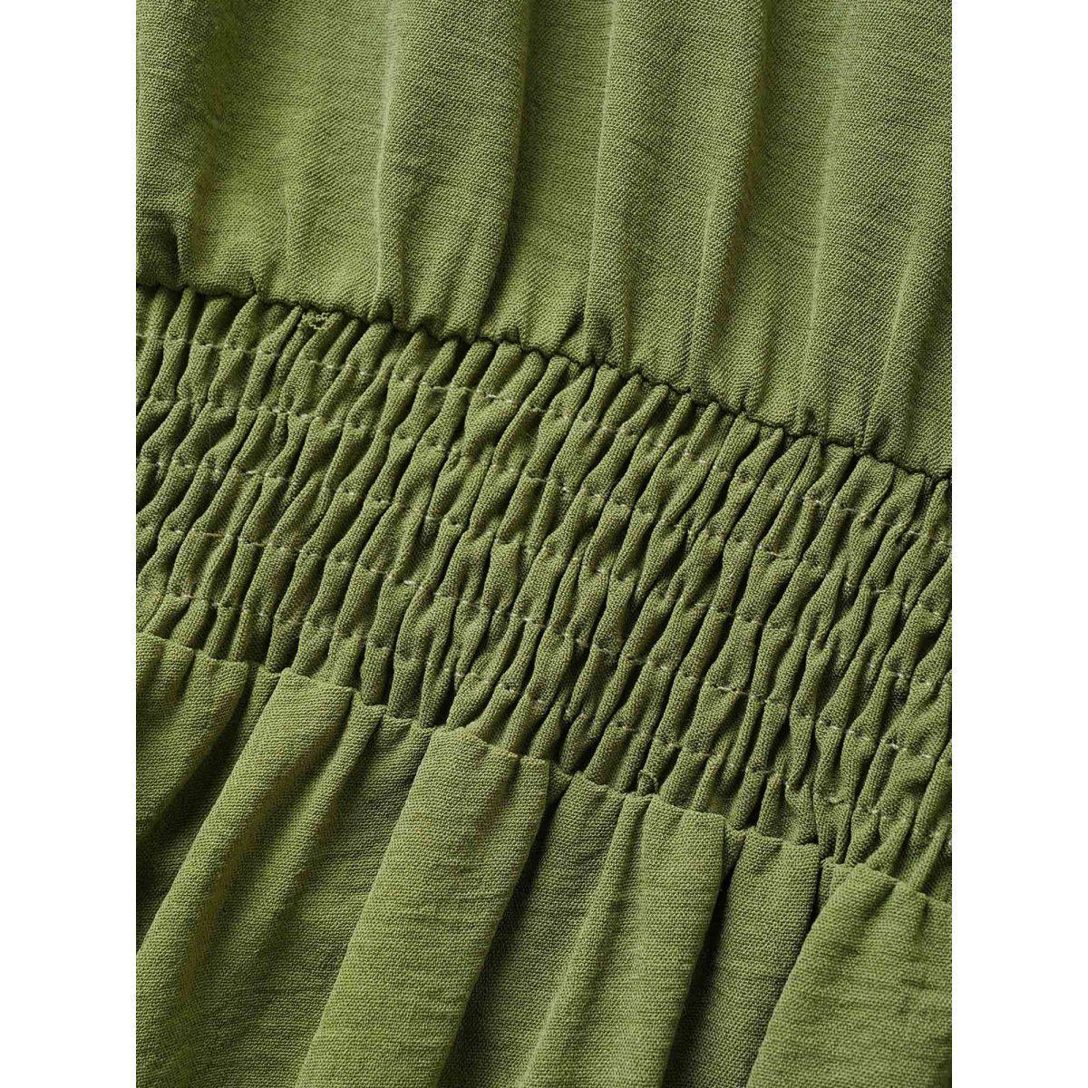 Plus Size Plain Tie Knot Button Detail Shirred Dress ArmyGreen Women At the Office Tie knot V-neck Short sleeve Curvy Midi Dress BloomChic 18-20/2X Product Image