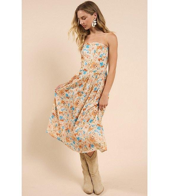 Sadie & Sage Strapless Tube Top Midi Woven Floral Printed Dress Product Image