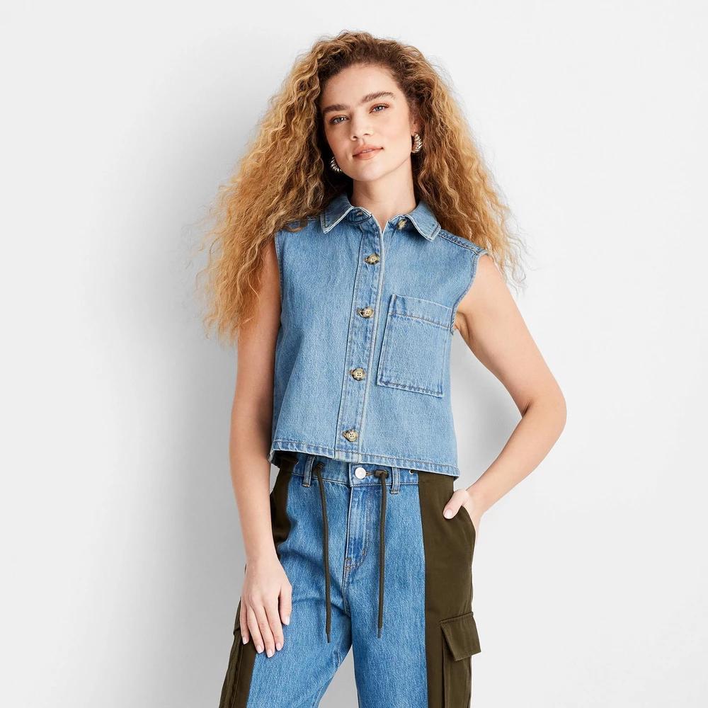 Women's Collared Button-Down Shirt - Future Collective Blue : Plus, Midweight Cotton Blend, Front Pocket Product Image
