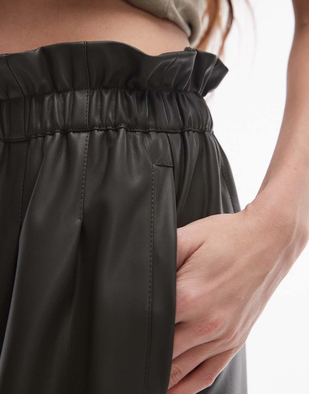 Topshop faux leather paperbag shorts in olive Product Image