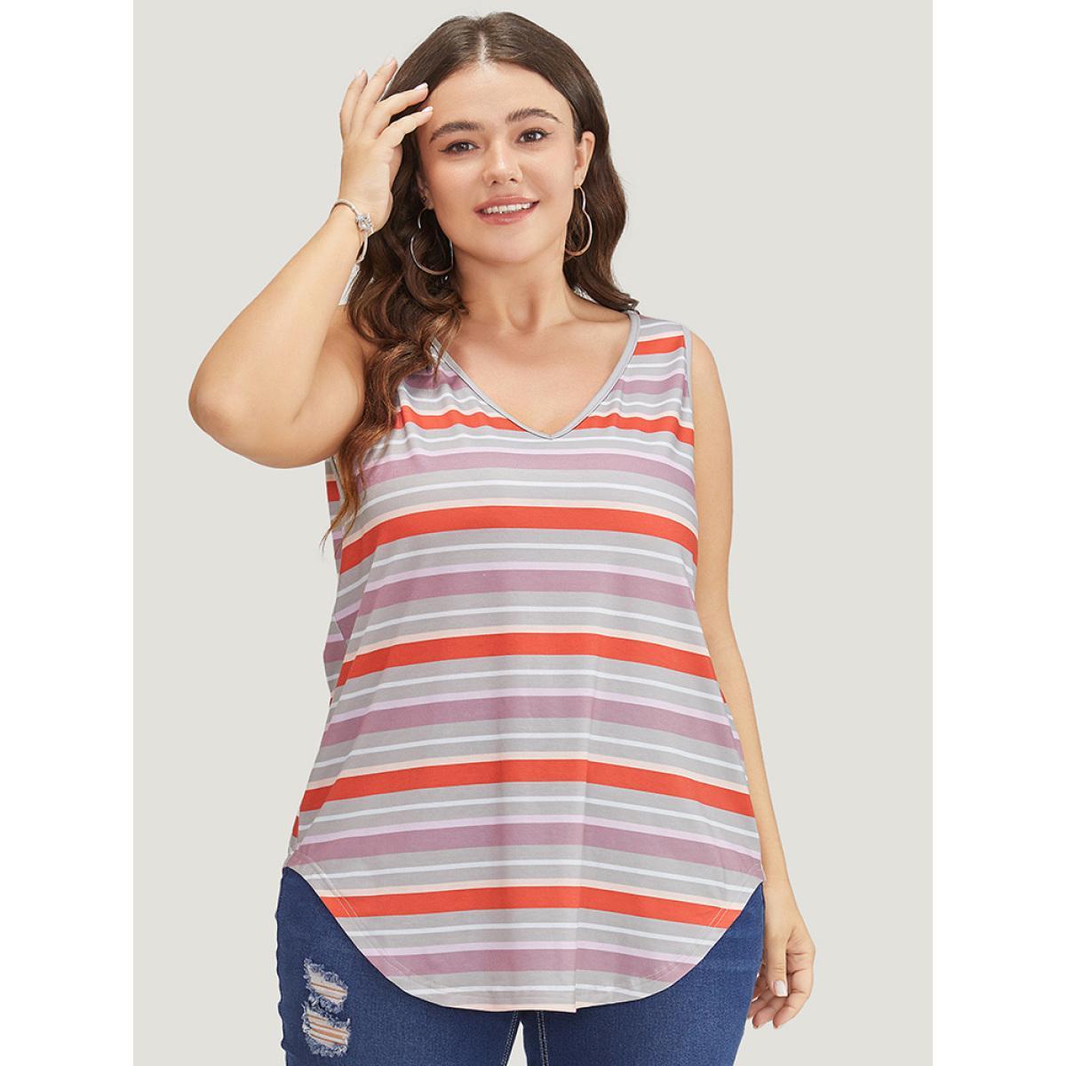 Plus Size Striped Contrast V Neck Arc Hem Tank Top Women Multicolor Casual Contrast V-neck Dailywear Tank Tops Camis BloomChic 26/4X Product Image