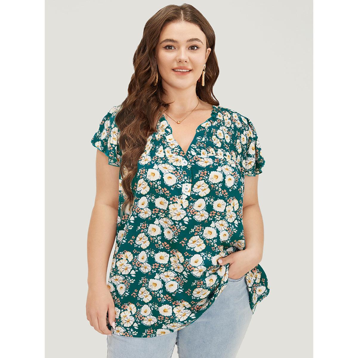 Plus Size Cerulean Floral Ruffle Sleeve Shirred Button Up Frill Trim Blouse Women Elegant Short sleeve V-neck Dailywear Blouses BloomChic 10/M Product Image