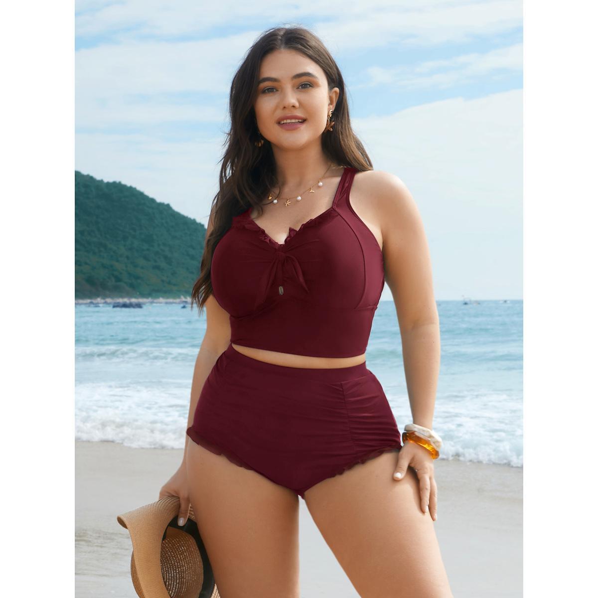 Plus Size Ruched Mesh Seamed Ruffle Trim Swim Bottoms Women's Swimwear Aegean Beach Gathered High stretch Skinny High Rise Curve Swim Bottoms BloomChic 12/L Product Image