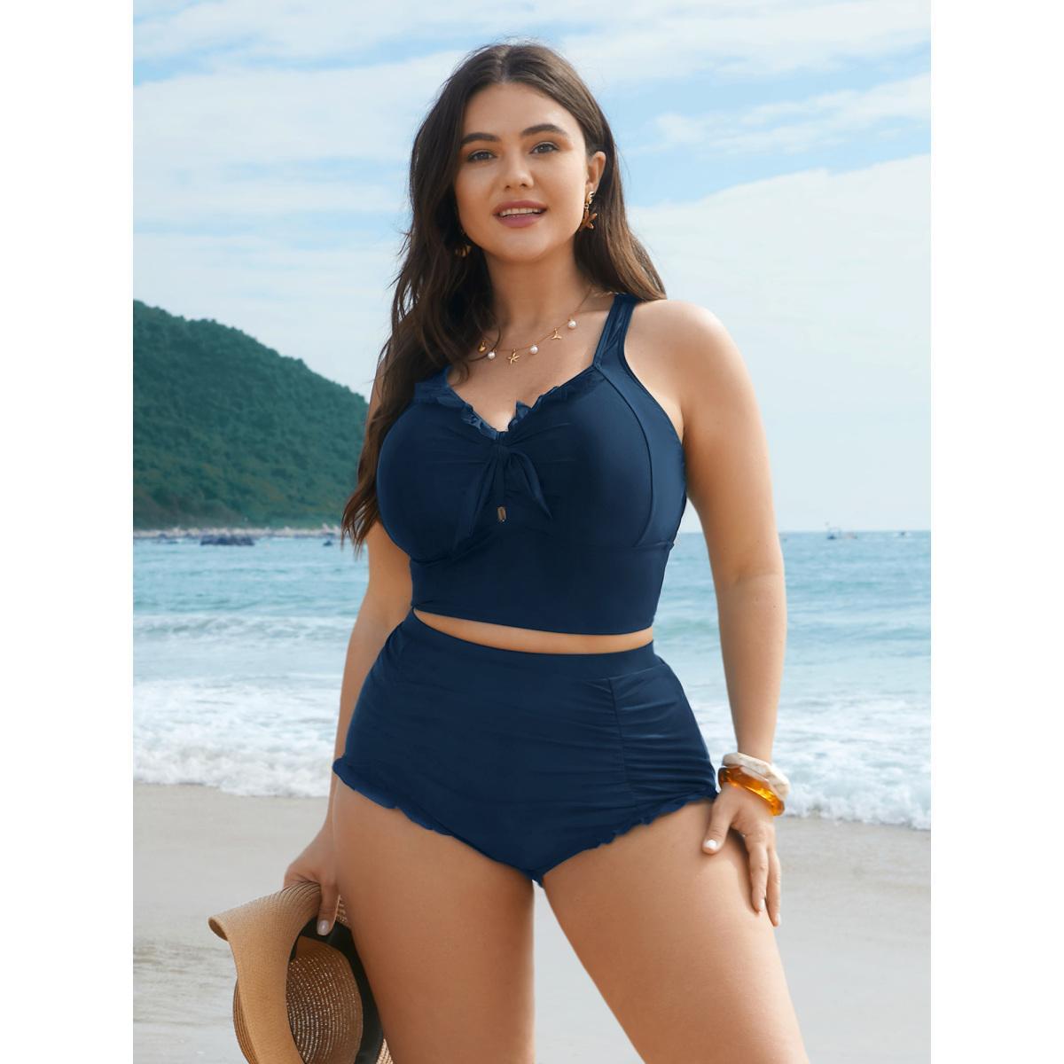 Plus Size Ruched Mesh Seamed Ruffle Trim Swim Bottoms Women's Swimwear Aegean Beach Gathered High stretch Skinny High Rise Curve Swim Bottoms BloomChic 28/5X Product Image