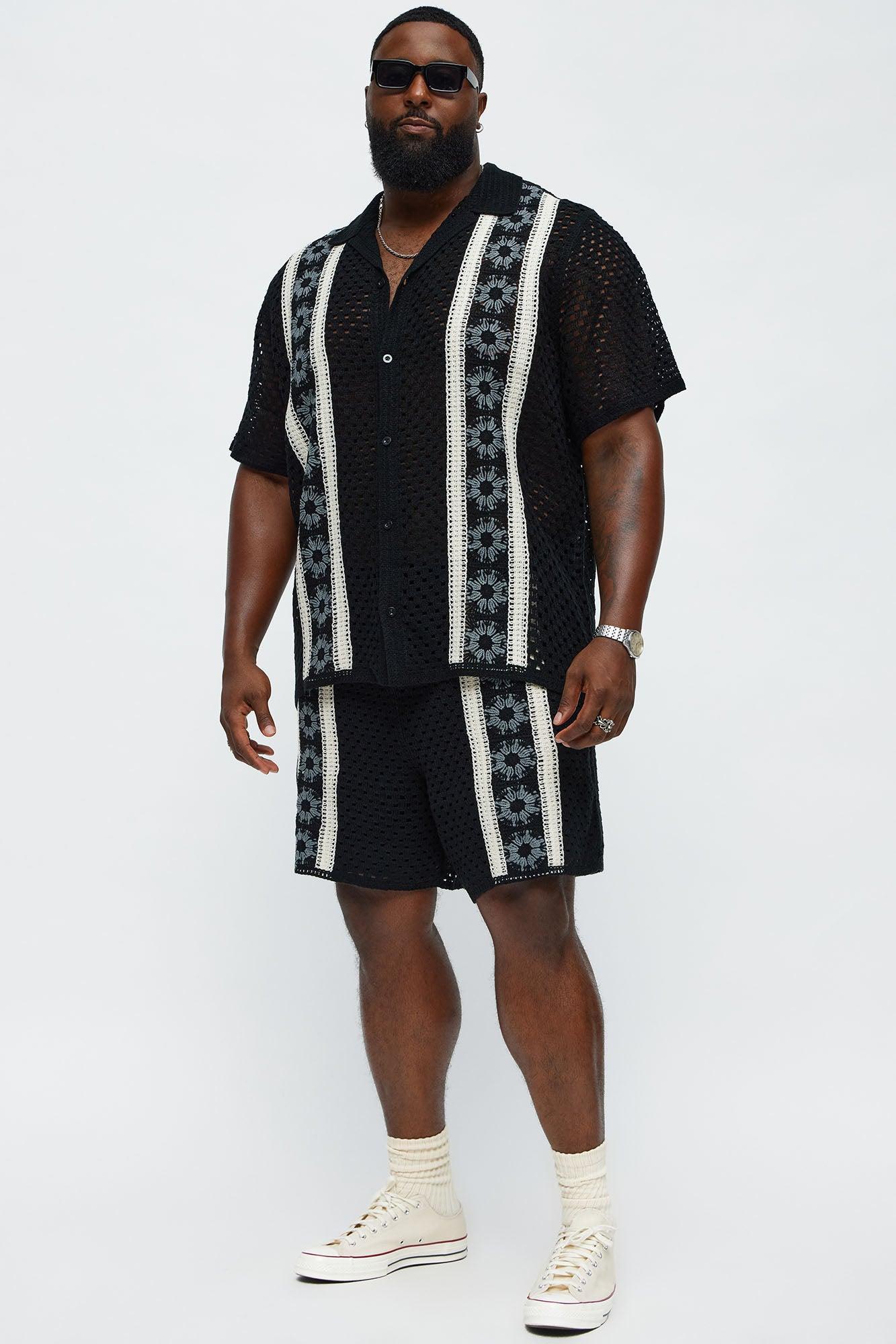 Crochet Panel Cuban Collar Button Up Shirt - Black/combo Product Image
