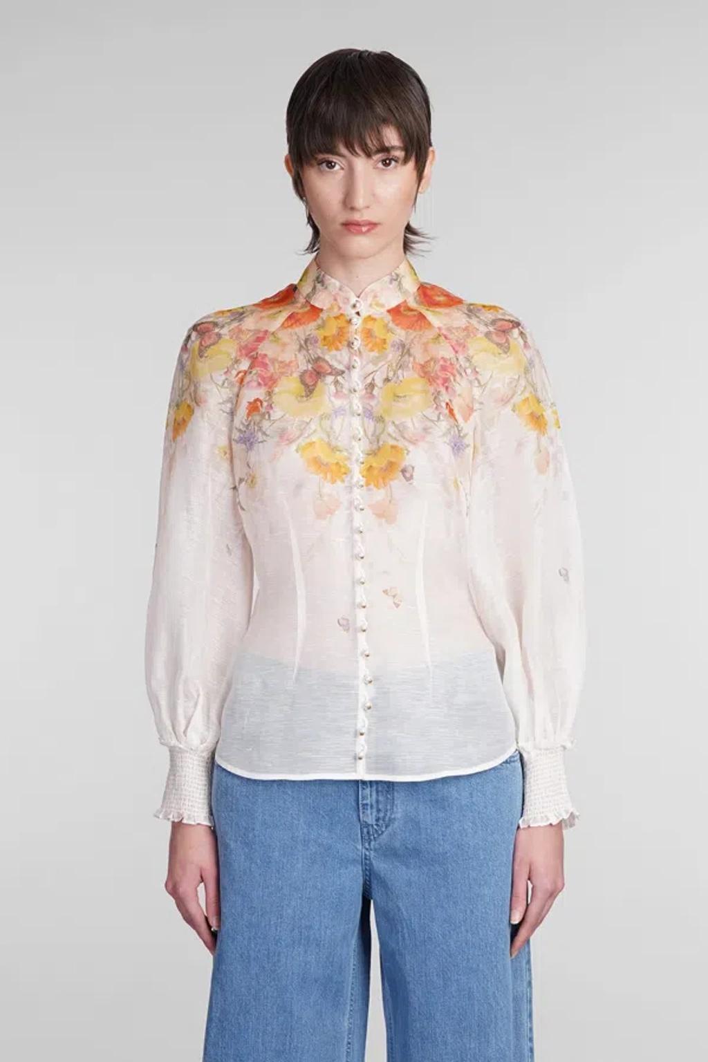 ZIMMERMANN Tranquility Printed Organza Blouse In White Product Image