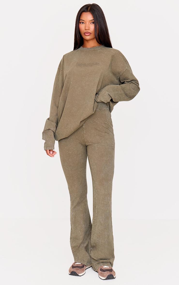 PRETTYLITTLETHING Olive Embossed Logo Washed Long Sleeve T-shirt Product Image