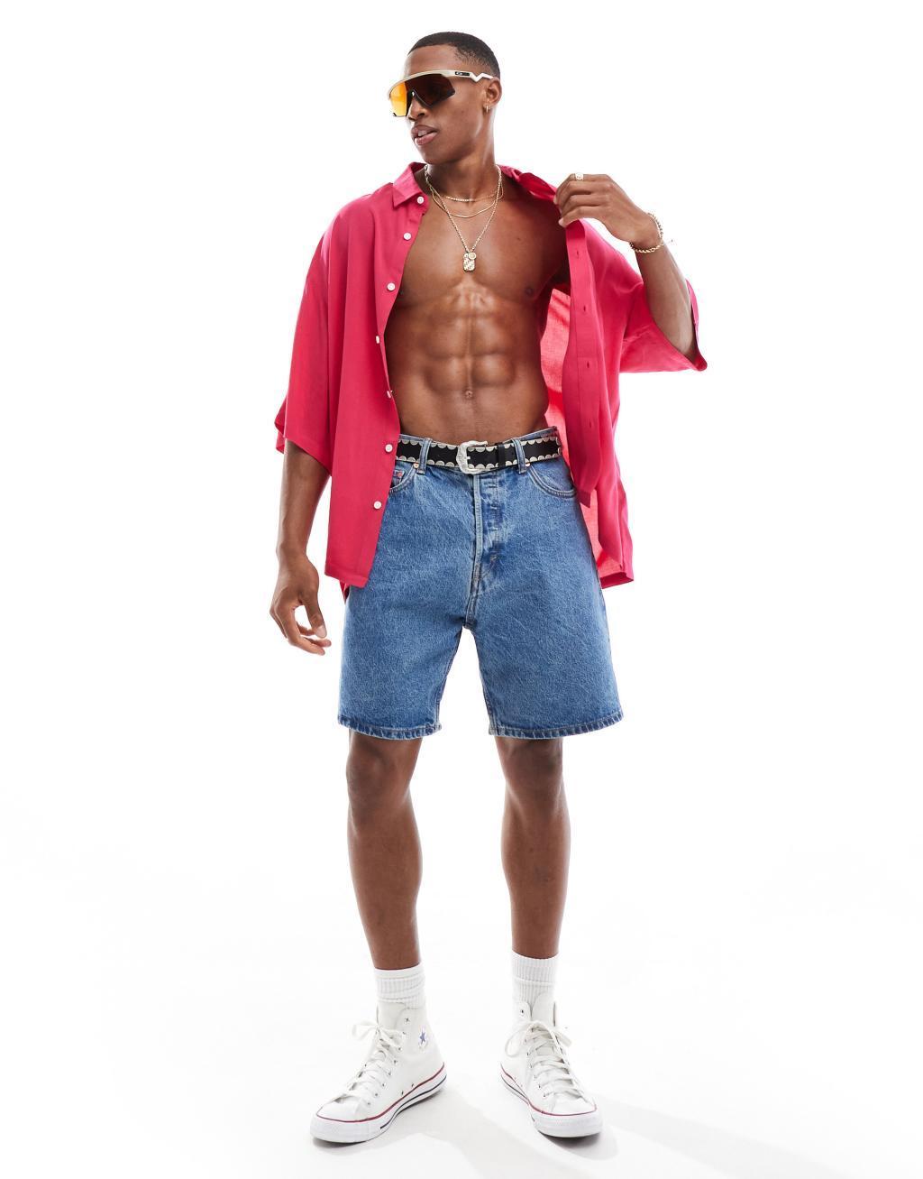 ASOS DESIGN oversized viscose shirt in bright pink Product Image