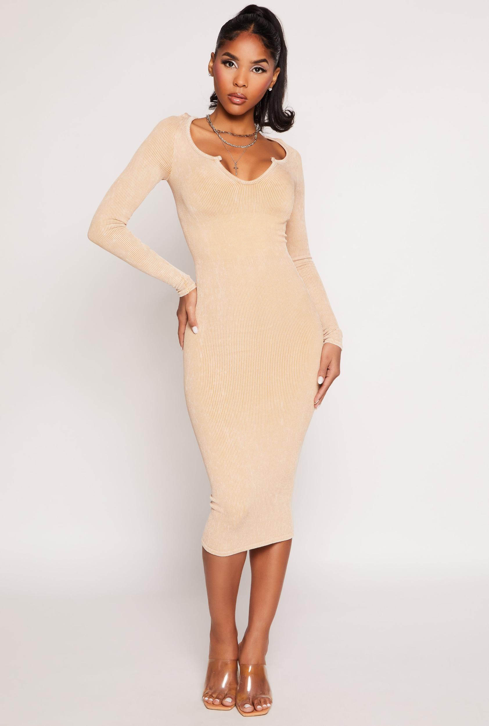 Womens Daisy Rib Knit Notch Neck Bodycon Dress Product Image