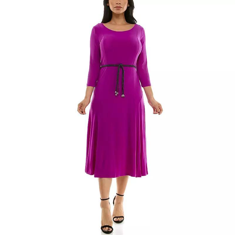 Women's Nina Leonard Sylvia Three-Quarter Sleeve Belted Midi Dress, Size: XL, Ivory Product Image