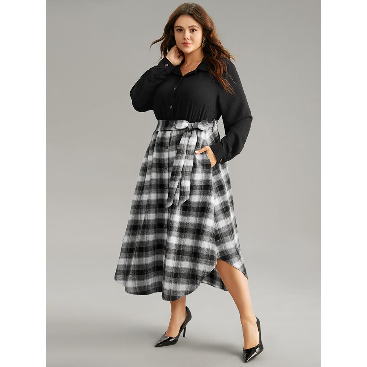 Plus Size Plaid Patchwork Button Through Belted Dress Black Women Office Belted Shirt collar Long Sleeve Curvy Midi Dress BloomChic 18-20/2X Product Image
