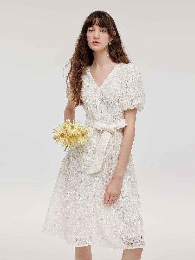 Lace Puff Sleeves Women Midi Dress With Belt Product Image