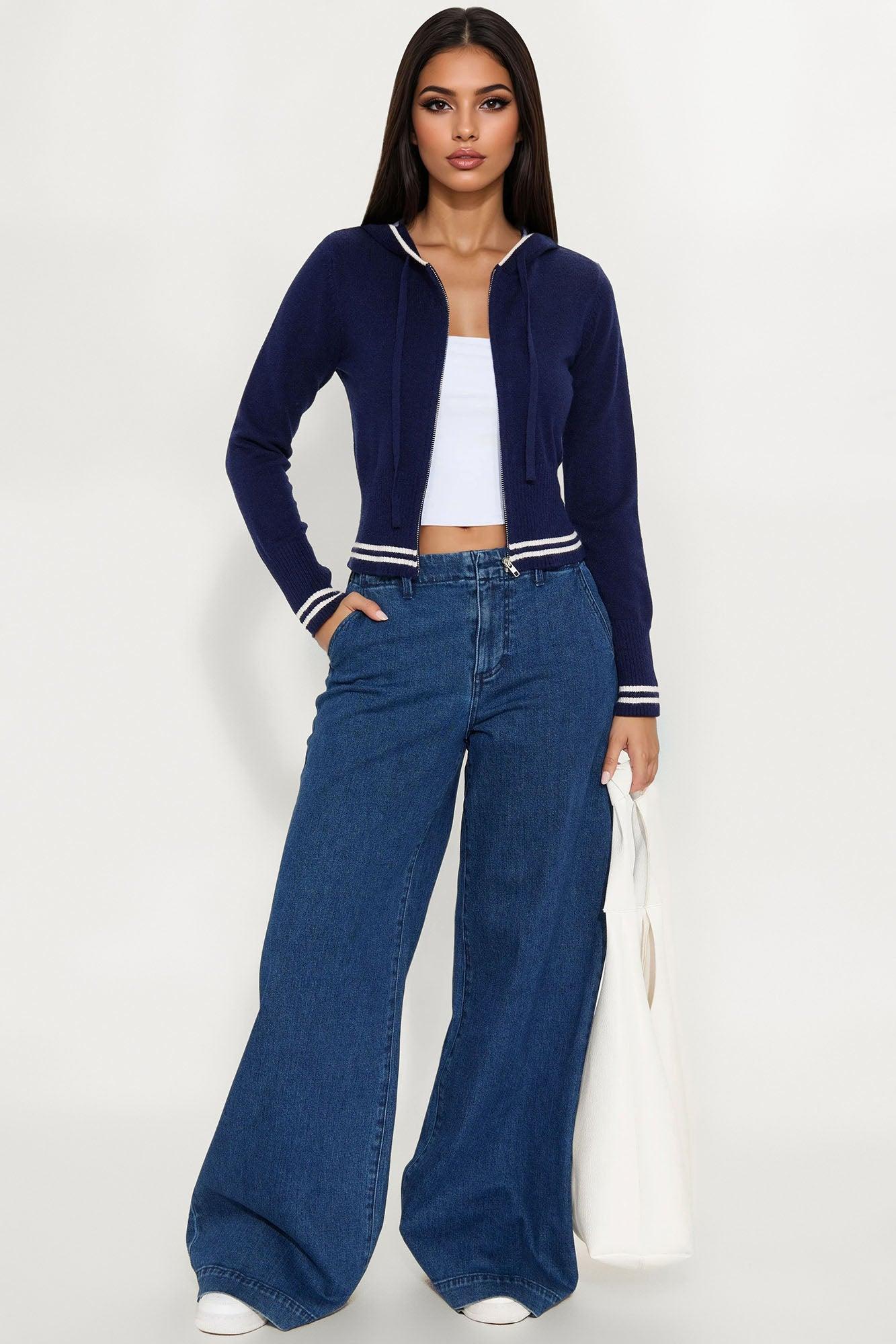 Snuggle Season Zip Front Hooded Sweater - Navy Product Image