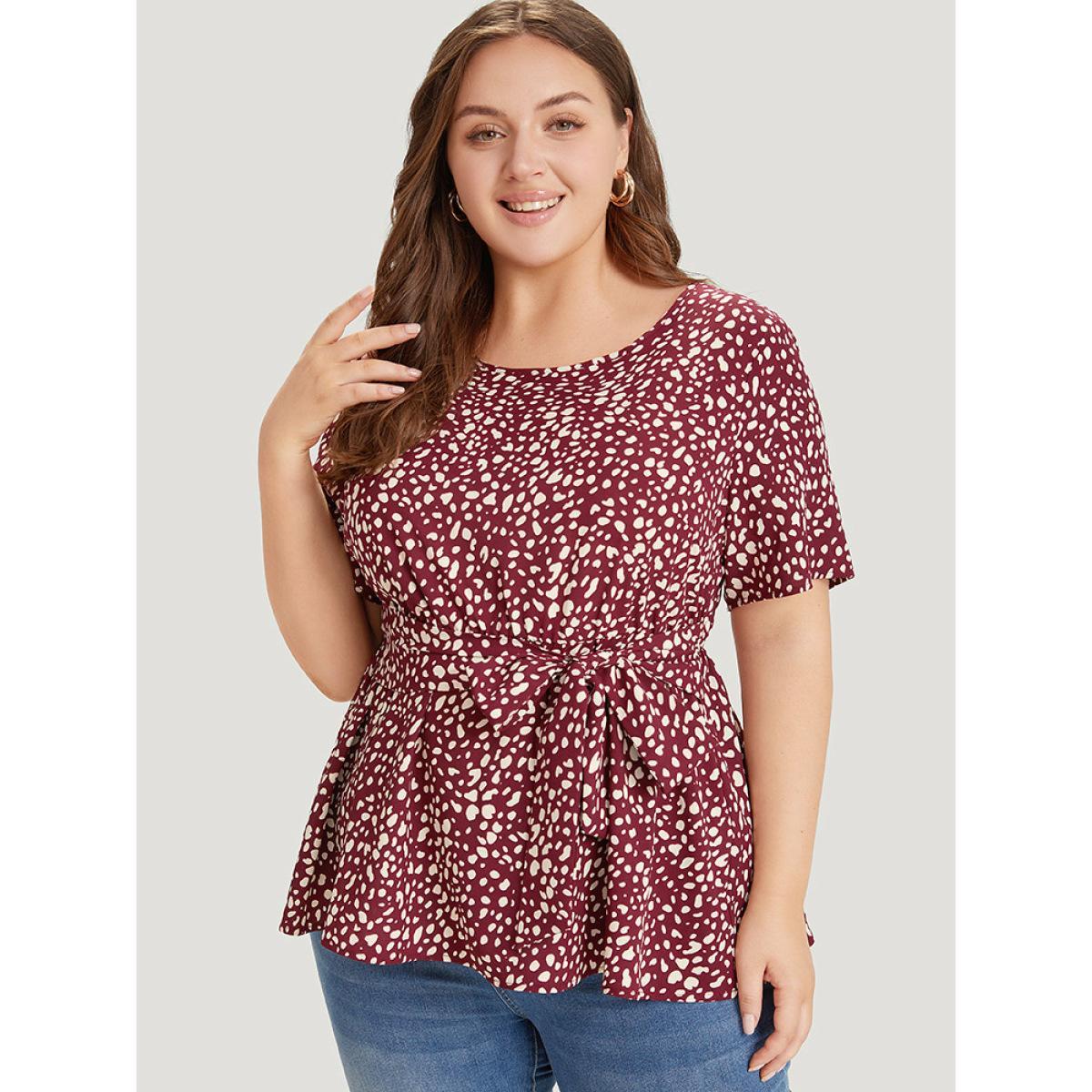 Plus Size Leopard Leopard Knotted Flutter Hem Crew Neck Blouse Women Elegant Short sleeve Round Neck Dailywear Blouses BloomChic 30/6X Product Image