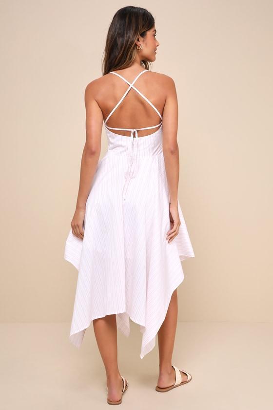 Instinctive Charm Ivory and Pink Striped Handkerchief Midi Dress Product Image