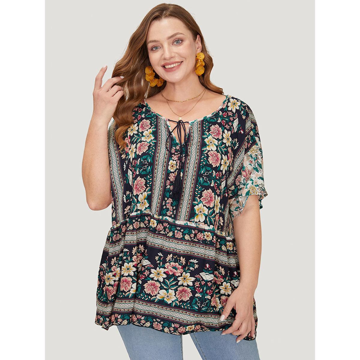 Plus Size Midnight Bandana Print Tie Neck Tassels Batwing Sleeve Blouse Women Vacation Short sleeve Tie Neck Dailywear Blouses BloomChic 18-20/2X Product Image