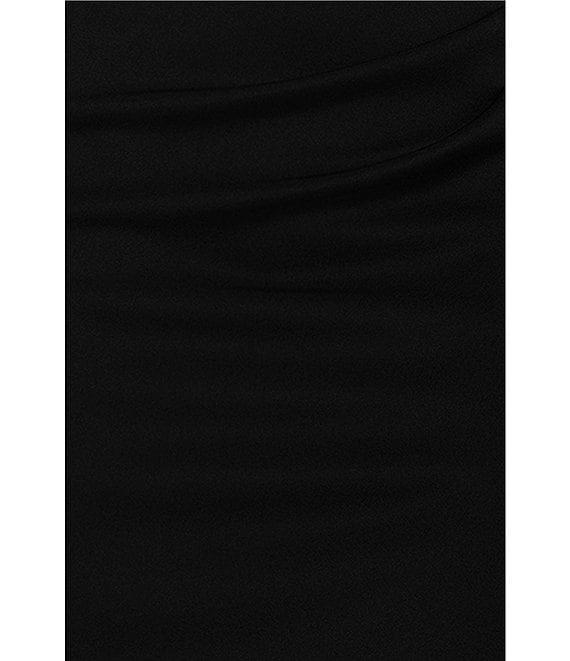 Xscape Asymmetrical Neckline Cap Sleeve Ruched Scuba Crepe Sheath Gown Product Image