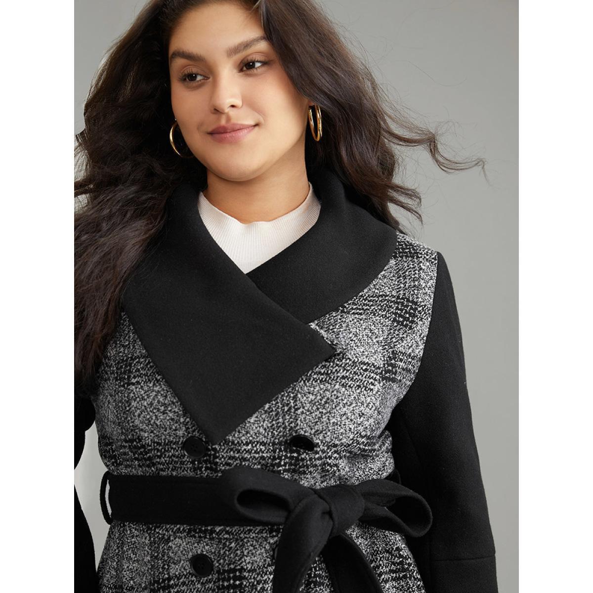 Plus Size Plaid Belted Lapel Collar Button Up Coat Women Black Casual Belted Ladies Dailywear Winter Coats BloomChic 10/M Product Image