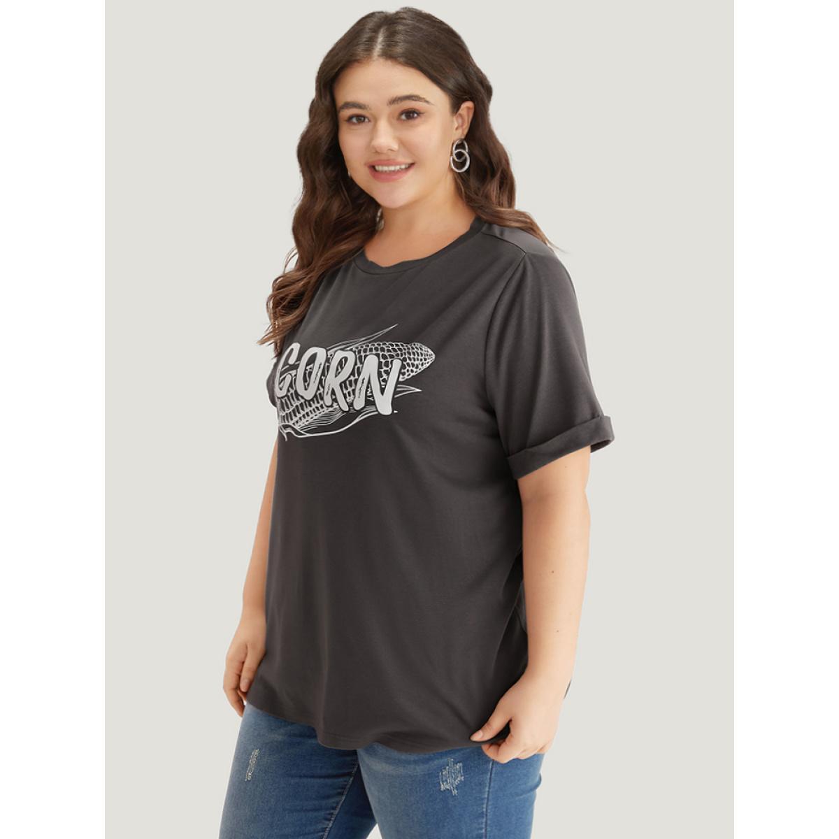 Plus Size Corn Print Round Neck Roll Sleeve T-shirt DimGray Women Casual Printed Western Dailywear T-shirts BloomChic 22-24/3X Product Image