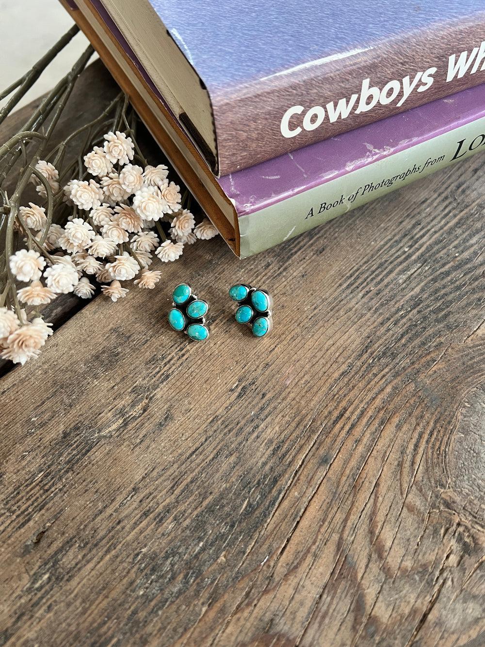 Turquoise Cluster Sterling Silver Navajo Earrings Product Image
