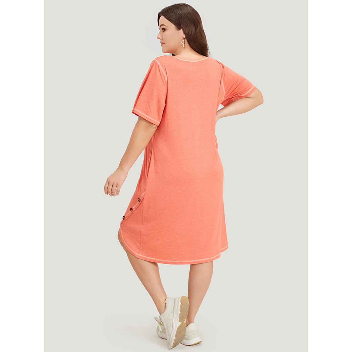 Plus Size Supersoft Essentials Stitch Button Detail Overlap Hem Dress Coral Women Casual Wrap Round Neck Short sleeve Curvy Knee Dress BloomChic 30/6X Product Image