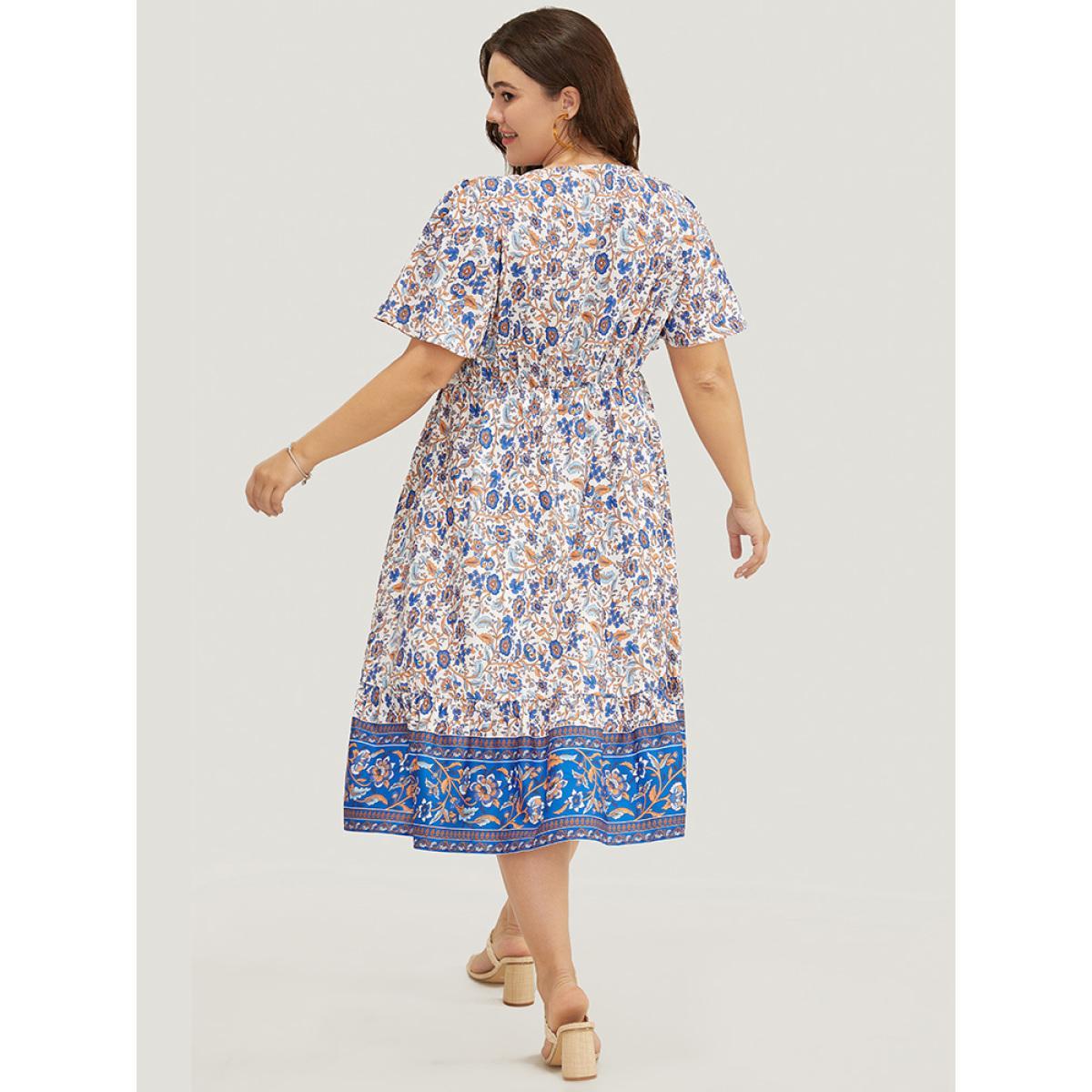 Plus Size Bandana Print Pocket Pompom Trim Wrap Split Ruffle Dress Cerulean Women Vacation Printed V-neck Short sleeve Curvy Midi Dress BloomChic 14-16/1X Product Image