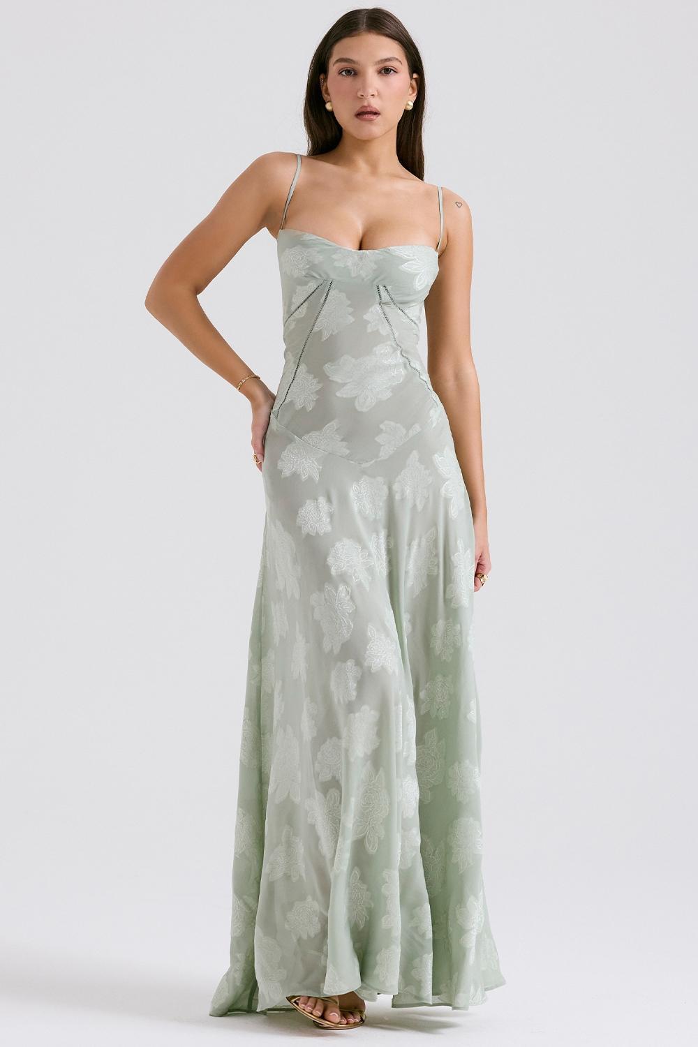Seren Pistachio Floral Lace Back Maxi Dress Product Image